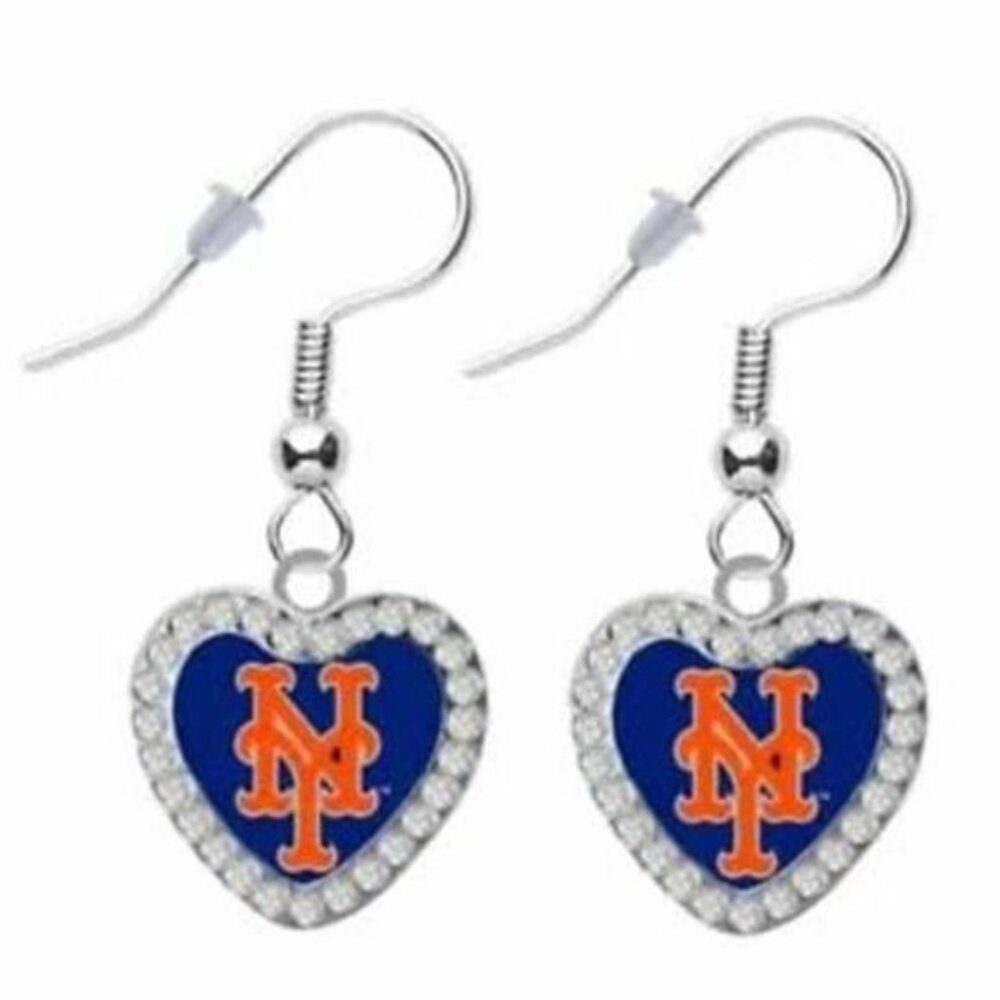 NEW* NEW YORK METS CRYSTAL HEART SILVER EARRINGS WOMENS DROP DANGLE MLB